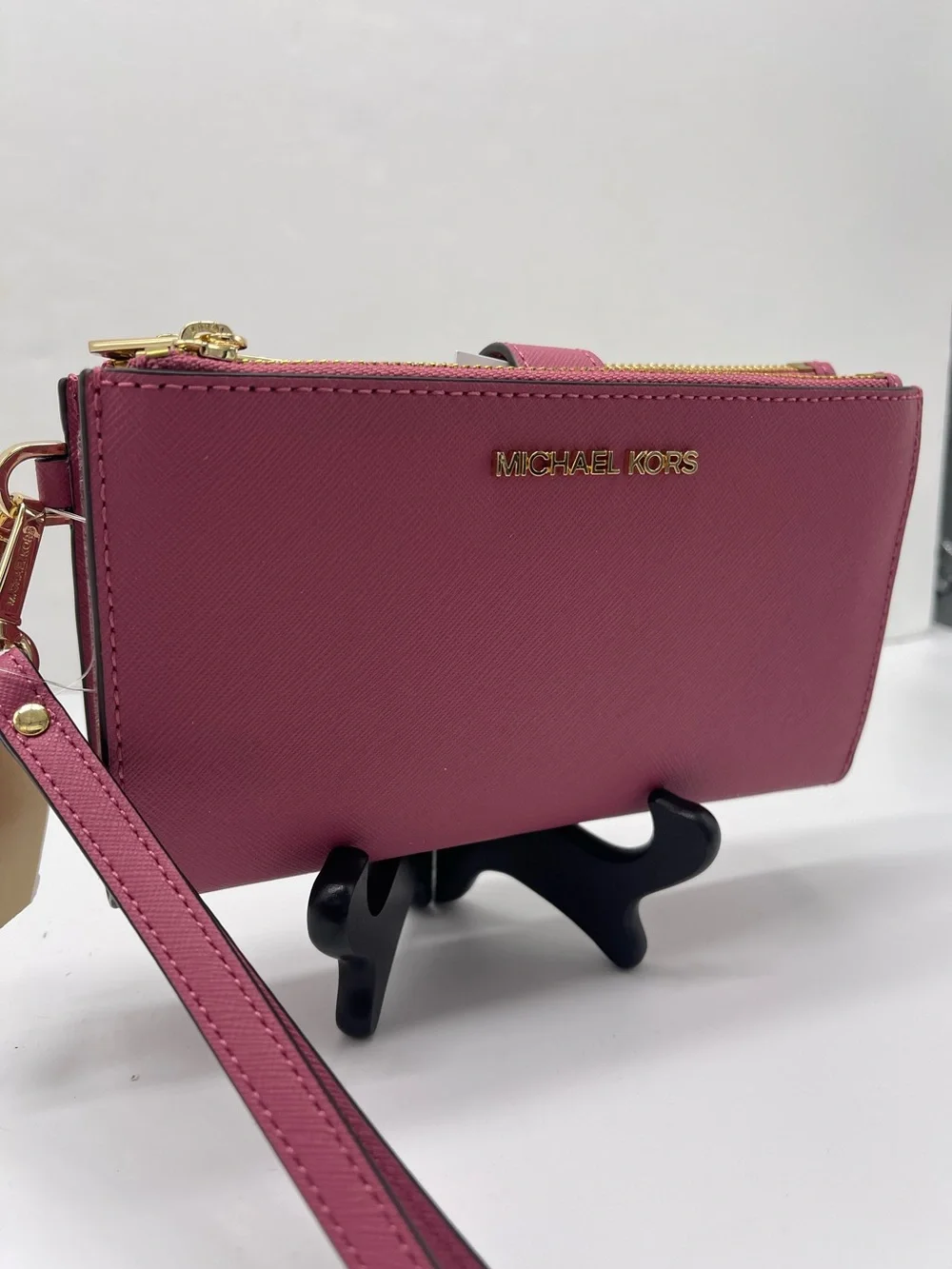 MICHAEL KORS Jet Set Travel Lg Double Zip Leather Wristlet Wallet Rosewood  NWT